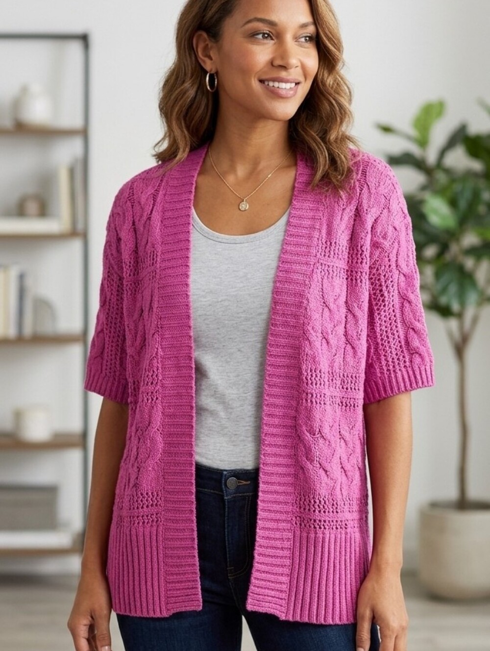 NY&Co Open Front Short Sleeve Chunky Cable Knit 100% Cotton Cardigan Sweater XL